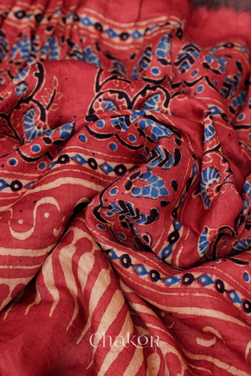 Jade Red andhani Ajrakh Gaji Silk Dupatta in Traditional Design for Women's ethnicwear online by Chakor.