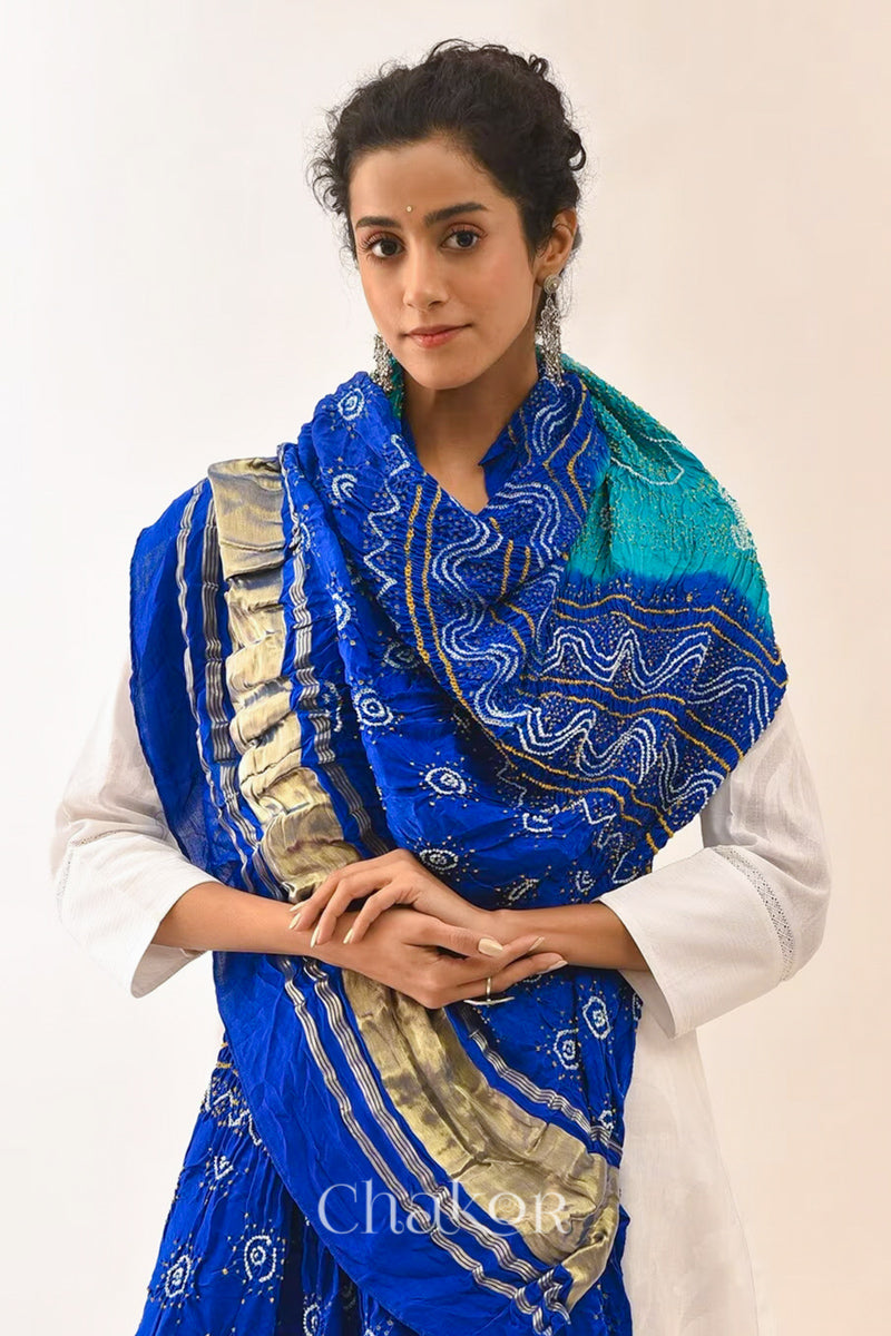 Peacock Blue Bandhani Gaji Silk Dupatta in Traditional Design for Women's ethnicwear online by Chakor.
