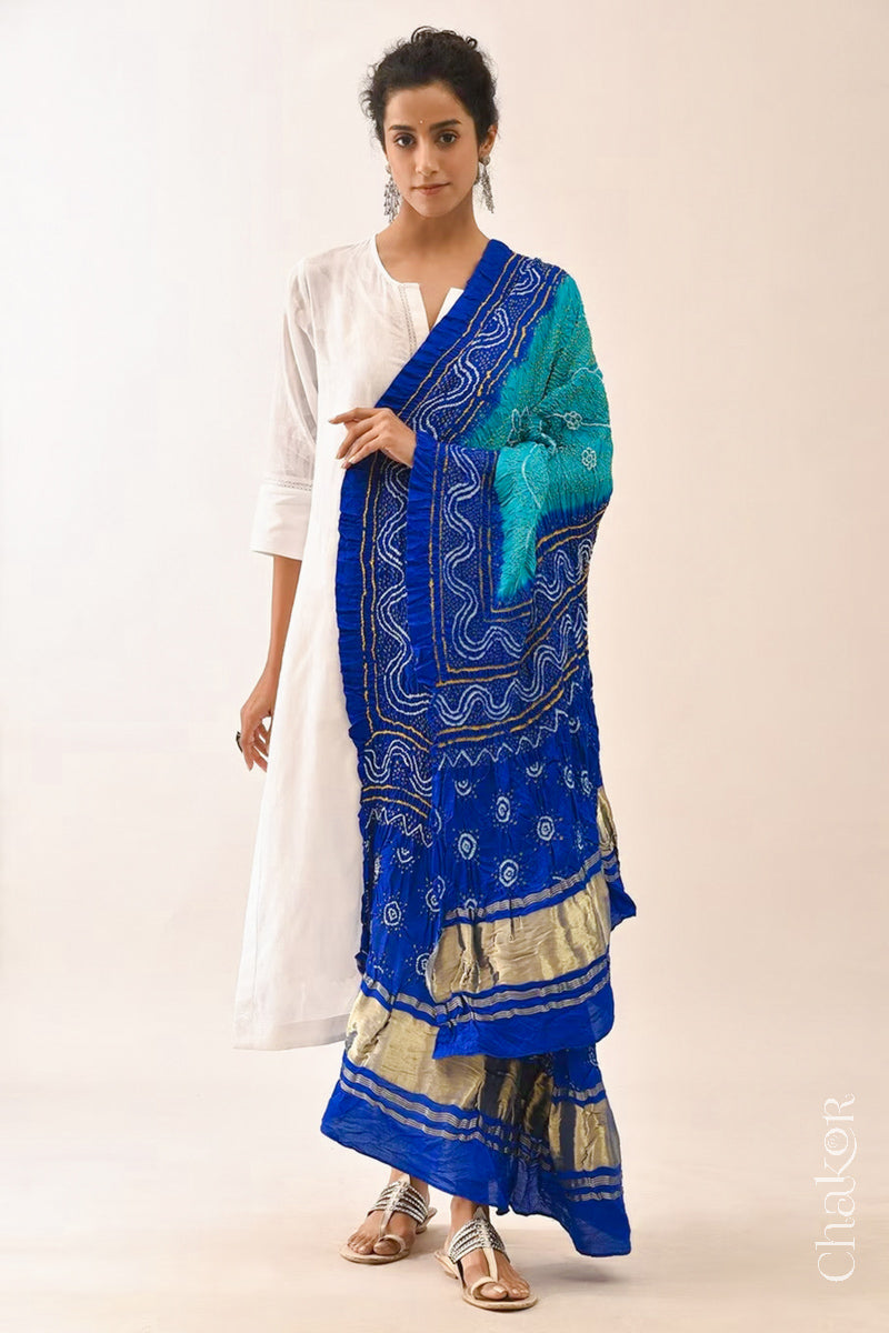 Peacock Blue Bandhani Gaji Silk Dupatta in Traditional Design for Women's ethnicwear online by Chakor.