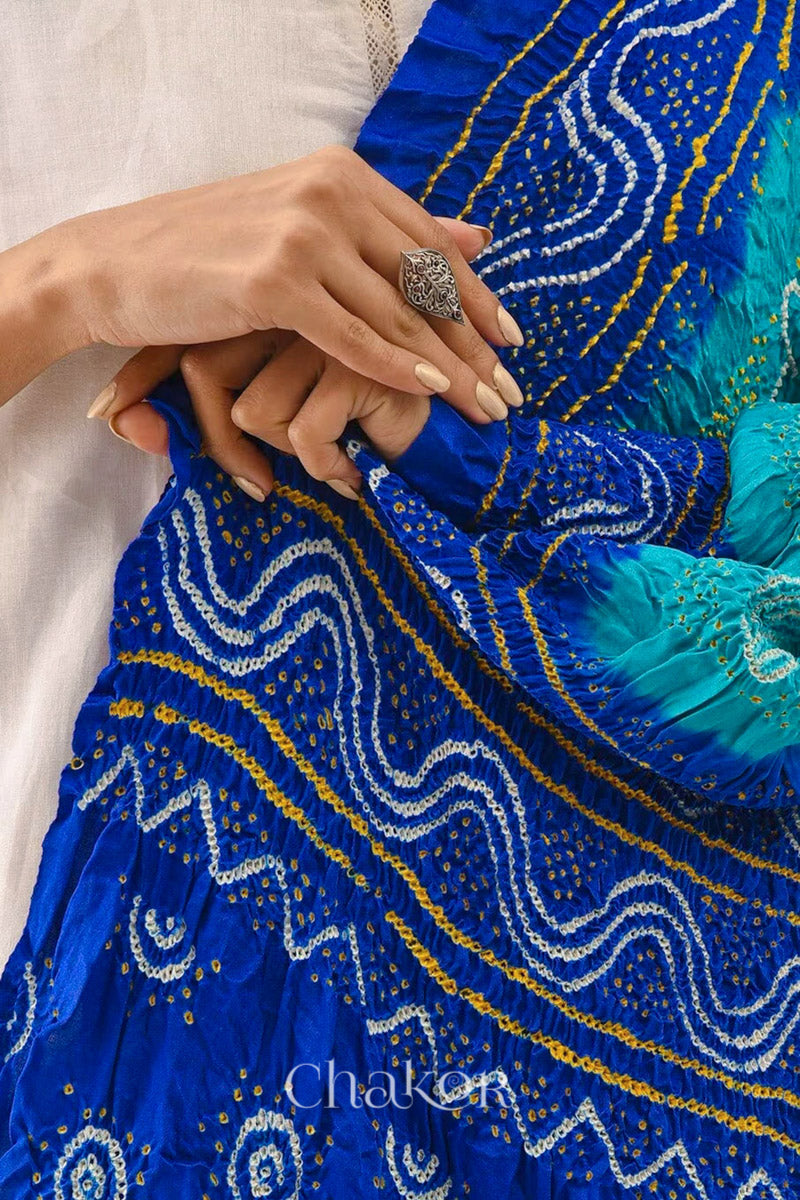 Peacock Blue Bandhani Gaji Silk Dupatta in Traditional Design for Women's ethnicwear online by Chakor.