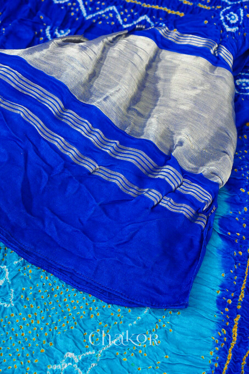close-up of Peacock Blue Bandhani Gaji Silk Dupatta in Traditional Design for Women's ethnicwear online by Chakor.