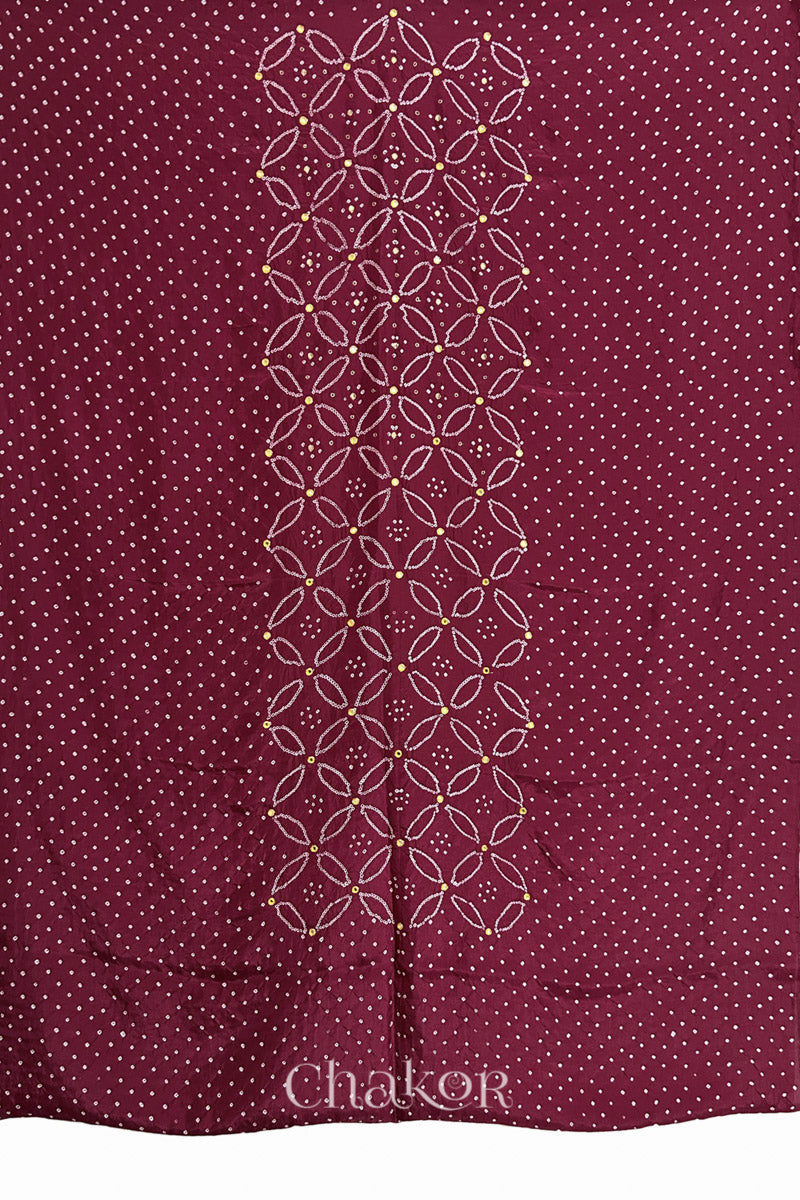Full fabric panel of Dusty Red mulberry silk Bandhani (Rai Bandhej) with all-over white dots and a floral border with yellow with zari mirror & sequins embroidery – CHAKOR.
