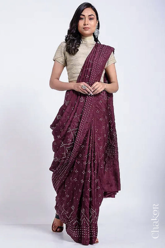 Maroon Bandhani Mulberry Silk Saree
