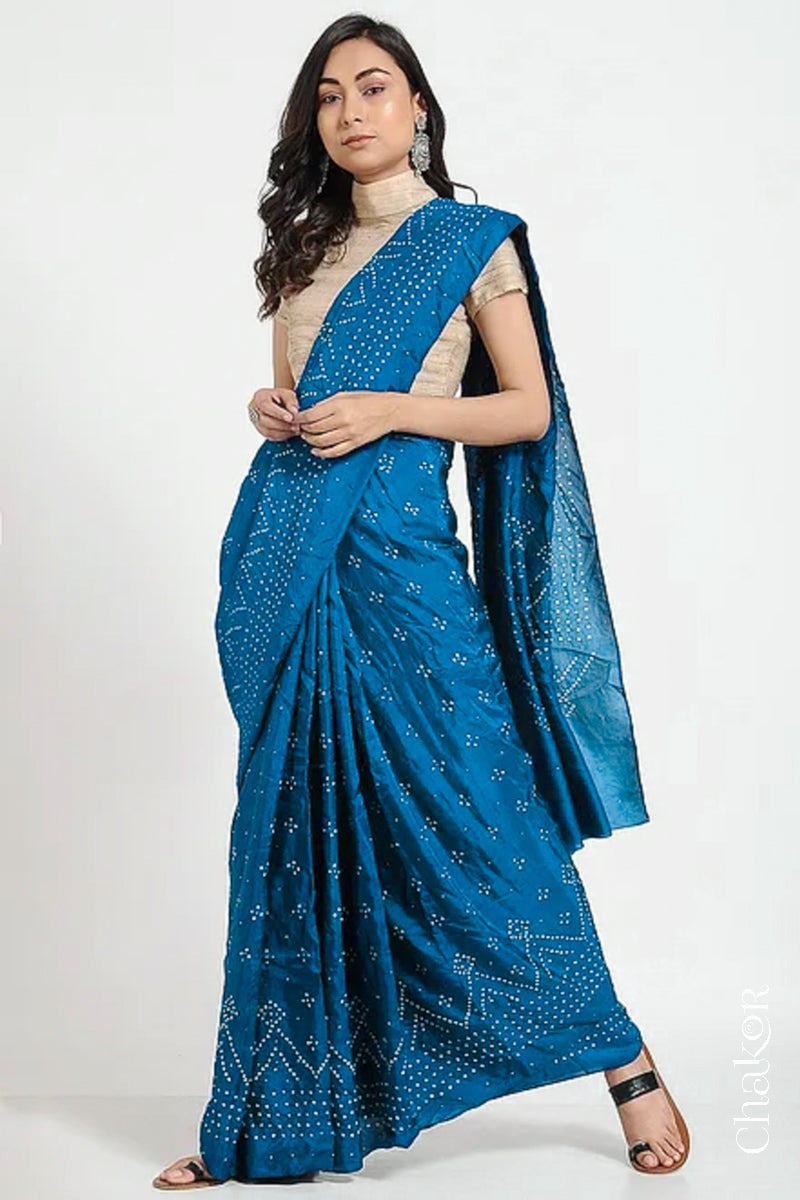 Peacock Blue Bandhani Mulberry Silk Saree