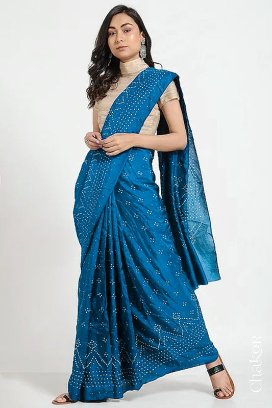 Peacock Blue Bandhani Mulberry Silk Saree