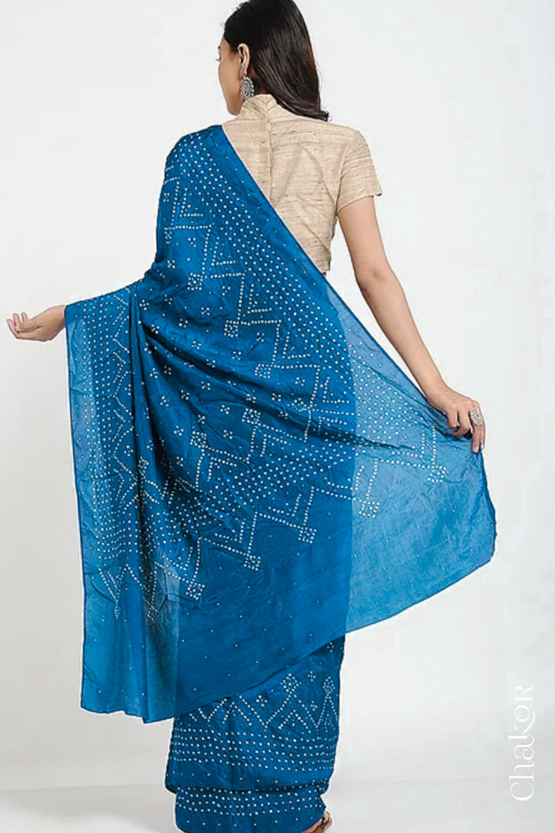 Peacock Blue Bandhani Mulberry Silk Saree