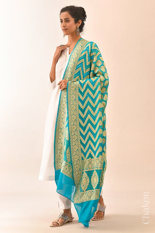 Chakor's Traditional Turquoise Bandhani Banarasi Georgette Silk Dupatta. 