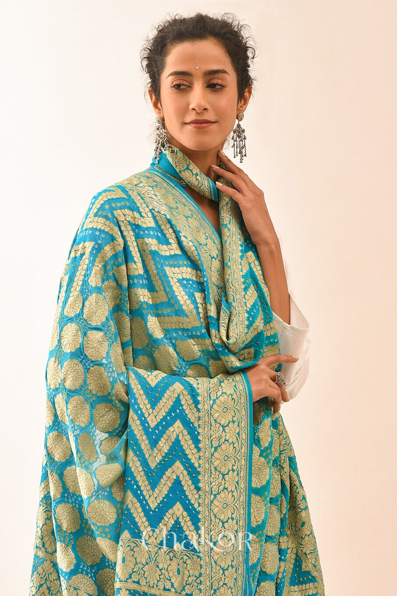 Chakor's Traditional Turquoise Bandhani Banarasi Georgette Silk Dupatta. 