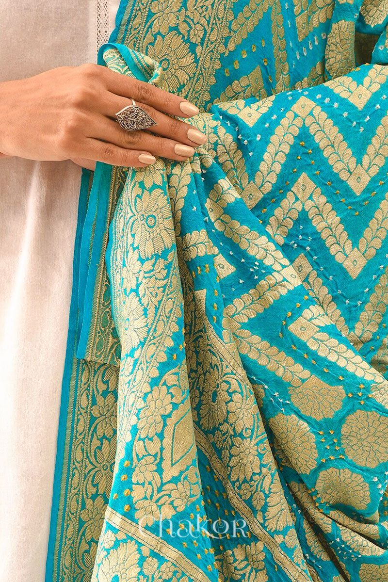 Chakor's Traditional Turquoise Bandhani Banarasi Georgette Silk Dupatta. 