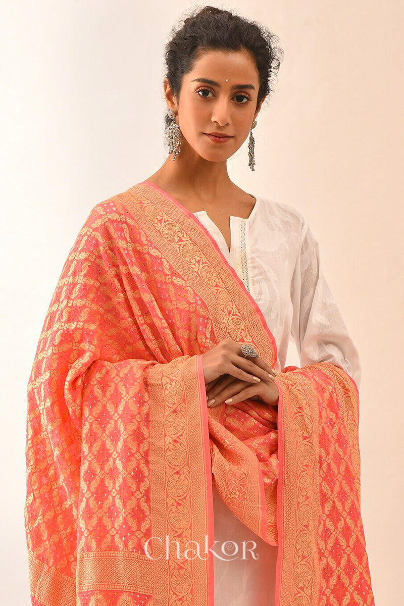 Chakor's Traditional Peach Bandhani Banarasi Georgette Silk Dupatta. 