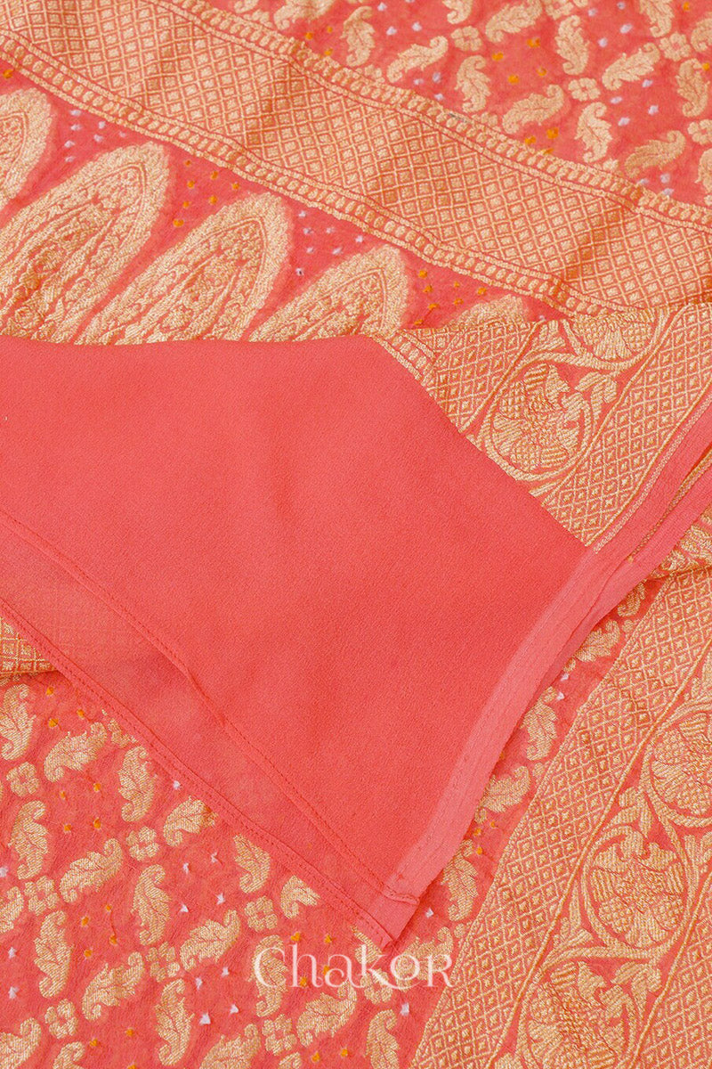 Chakor's Traditional Peach Bandhani Banarasi Georgette Silk Dupatta. 