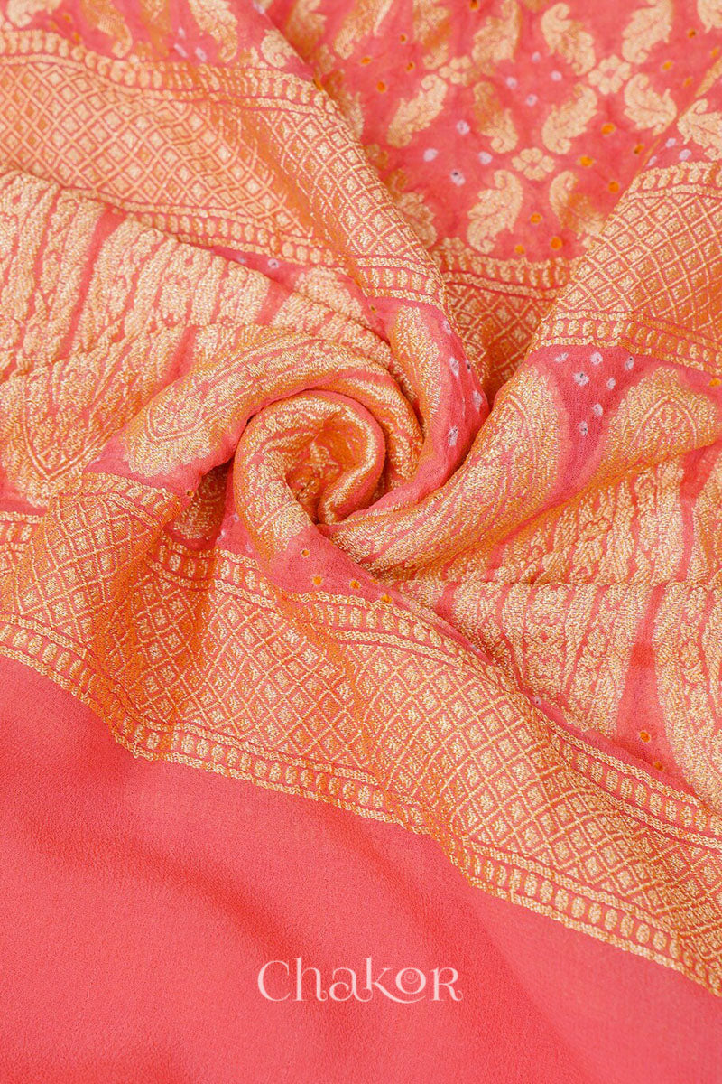 Chakor's Traditional Peach Bandhani Banarasi Georgette Silk Dupatta. 