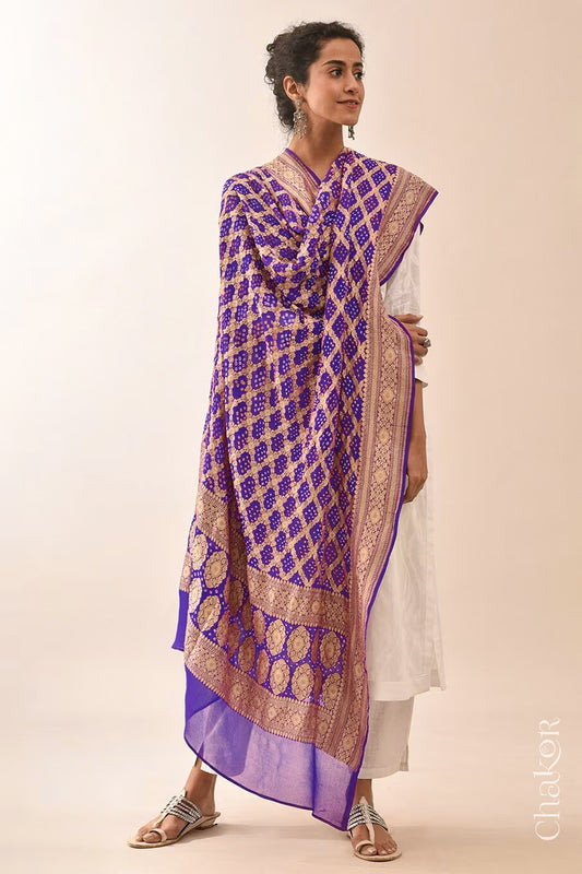 Chakor's Traditional Purple Bandhani Banarasi Georgette Silk Dupatta. 