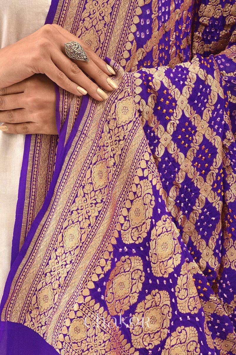Chakor's Traditional Purple Bandhani Banarasi Georgette Silk Dupatta. 