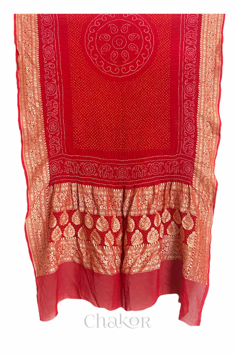 Chakor's Traditional Red Bandhani Banarasi Georgette Silk Dupatta. 