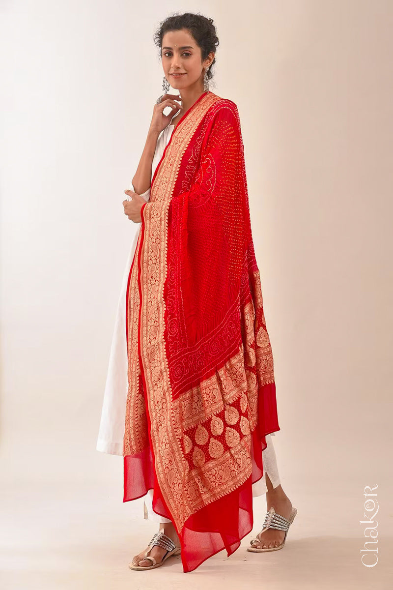 Chakor's Traditional Red Bandhani Banarasi Georgette Silk Dupatta. 