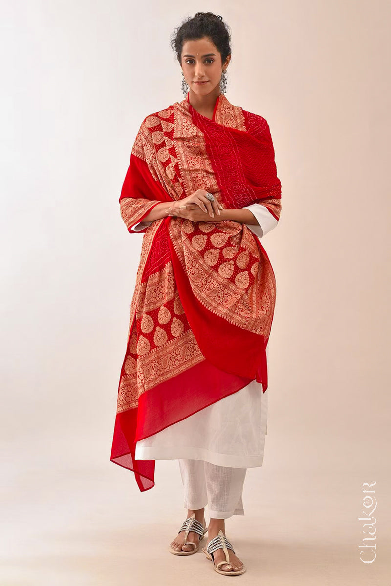 Chakor's Traditional Red Bandhani Banarasi Georgette Silk Dupatta. 