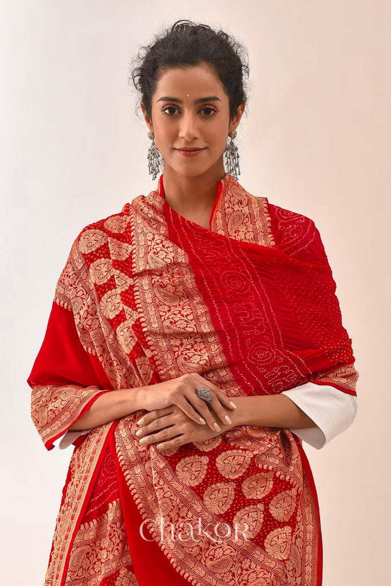 Chakor's Traditional Red Bandhani Banarasi Georgette Silk Dupatta. 