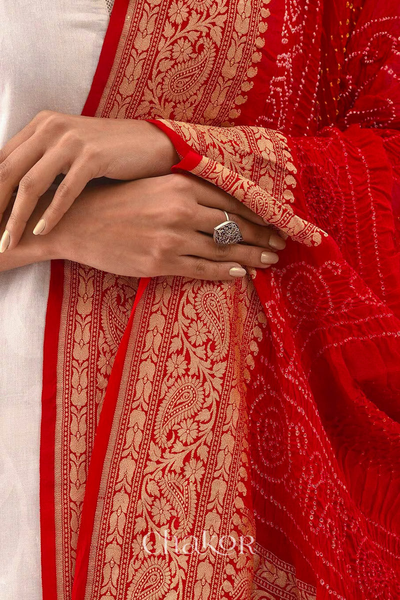 Chakor's Traditional Red Bandhani Banarasi Georgette Silk Dupatta. 