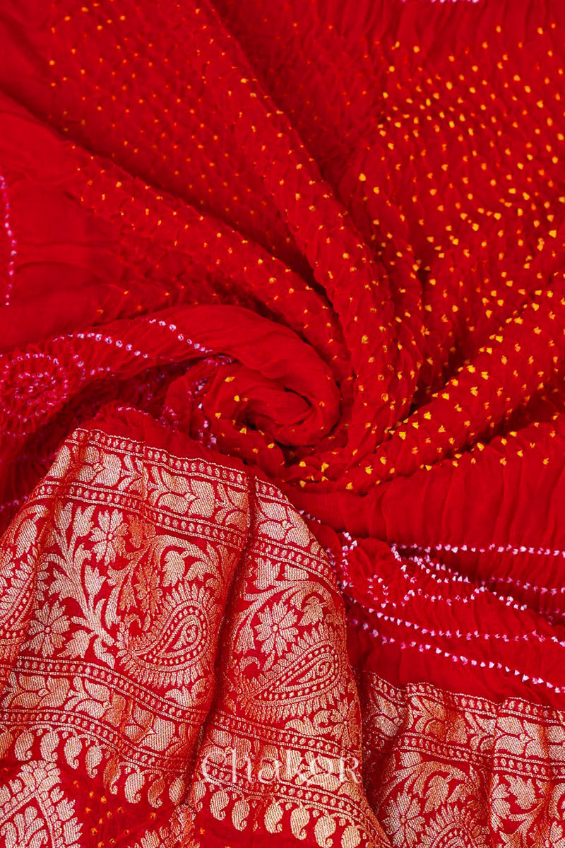 Chakor's Traditional Red Bandhani Banarasi Georgette Silk Dupatta. 