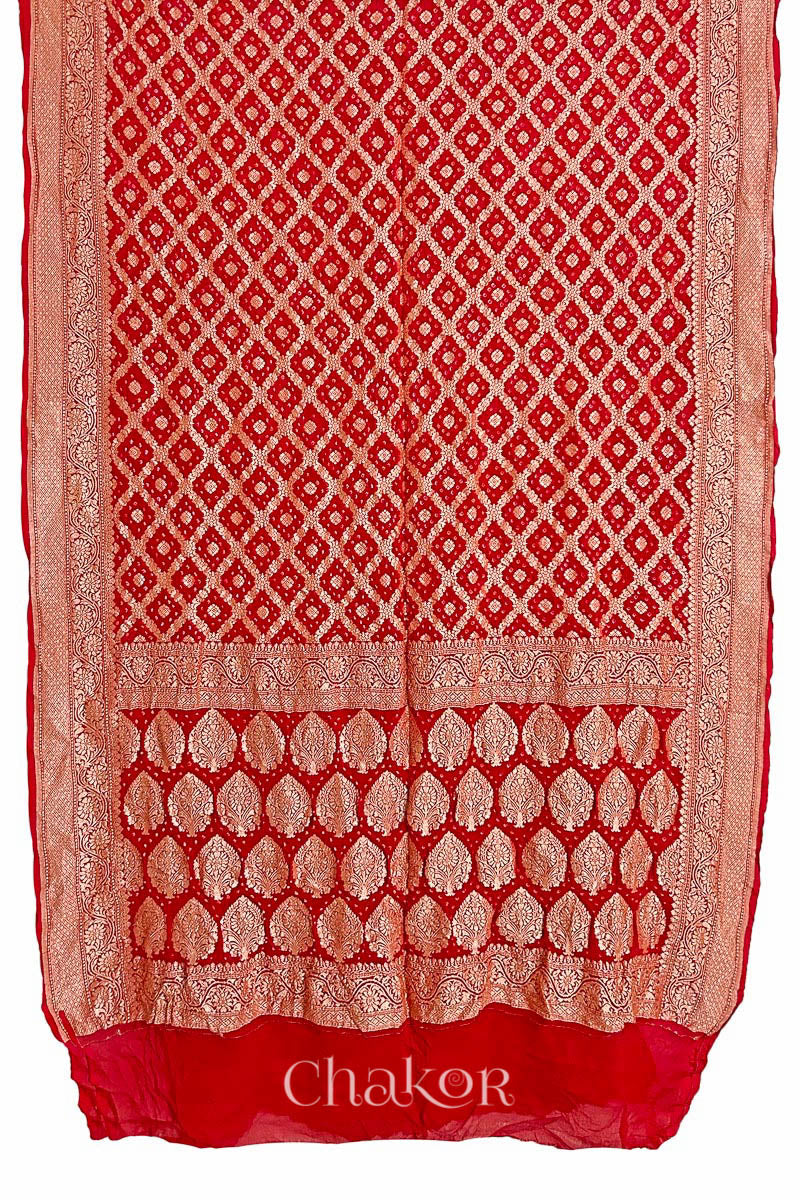 Chakor's Handcrafted Red Bandhani Banarasi Georgette Silk Saree featuring zari weaving and Kutch rai bandhej.