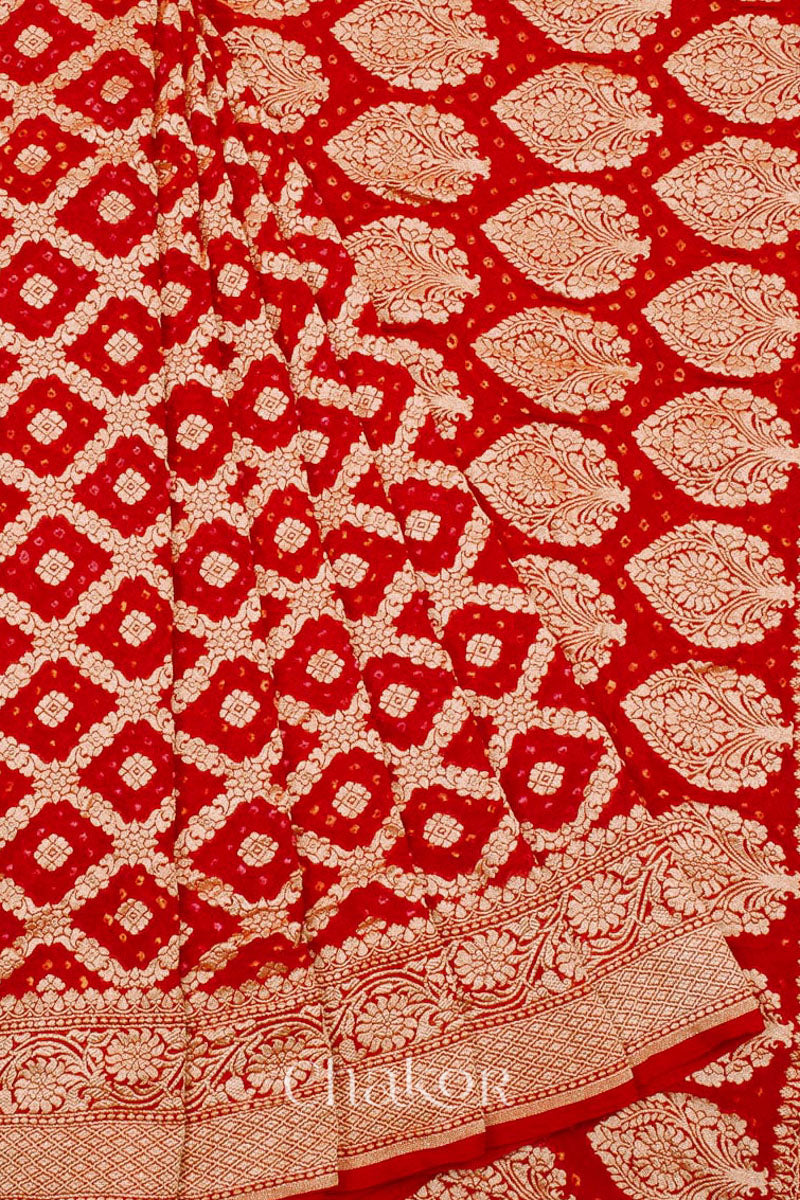 Chakor's Handcrafted Red Bandhani Banarasi Georgette Silk Saree featuring zari weaving and Kutch rai bandhej.
