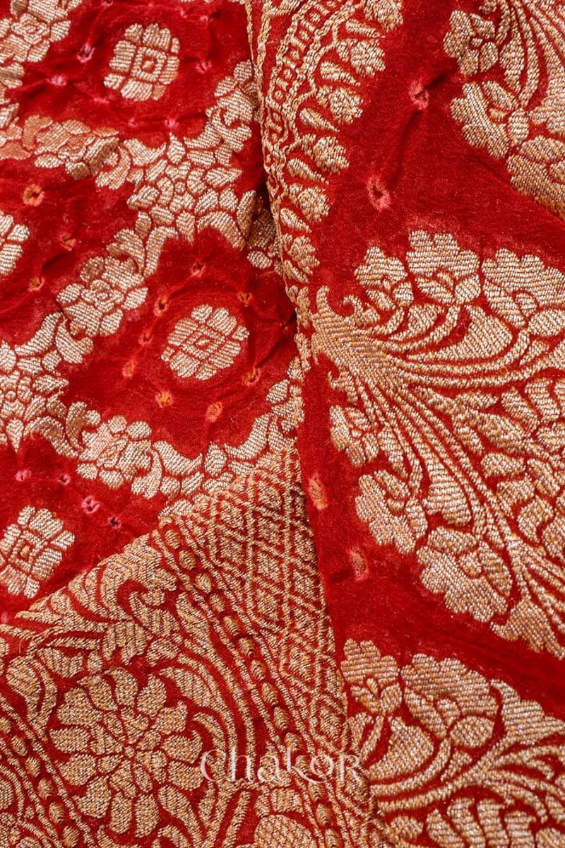 Chakor's Handcrafted Red Bandhani Banarasi Georgette Silk Saree featuring zari weaving and Kutch rai bandhej.