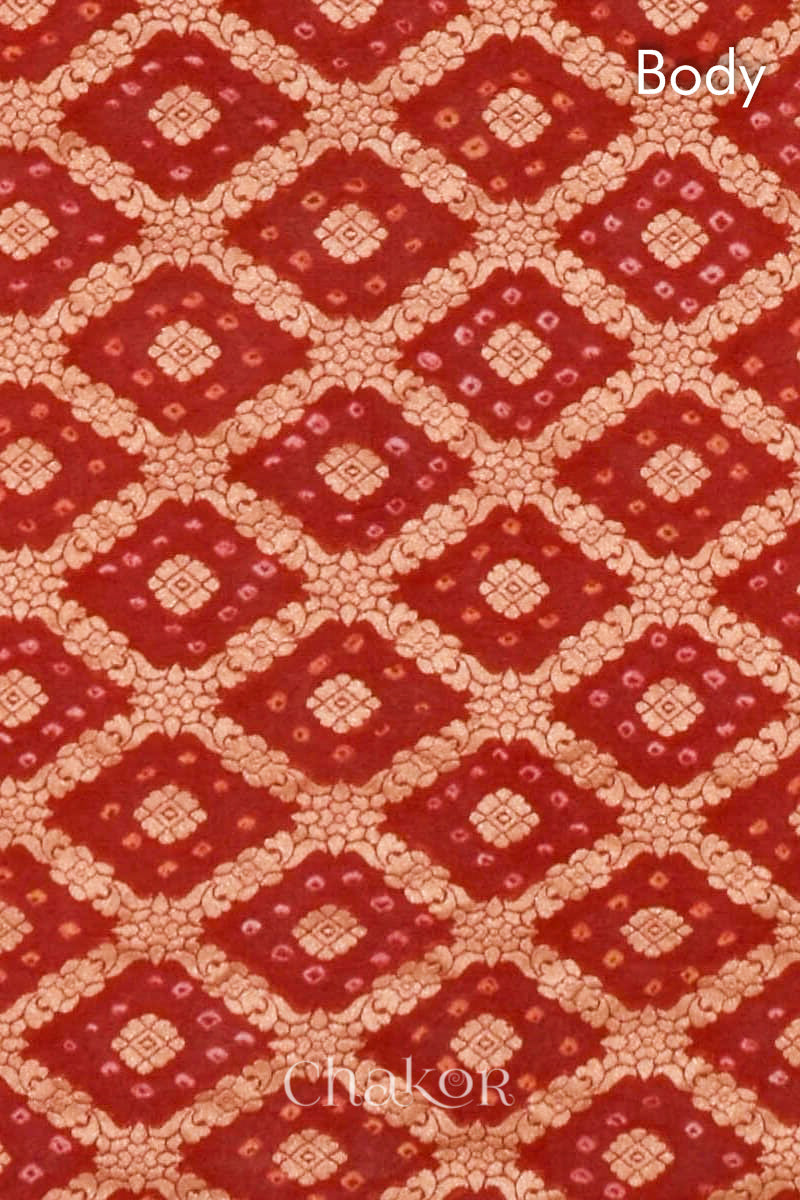 Chakor's Handcrafted Red Bandhani Banarasi Georgette Silk Saree featuring zari weaving and Kutch rai bandhej.