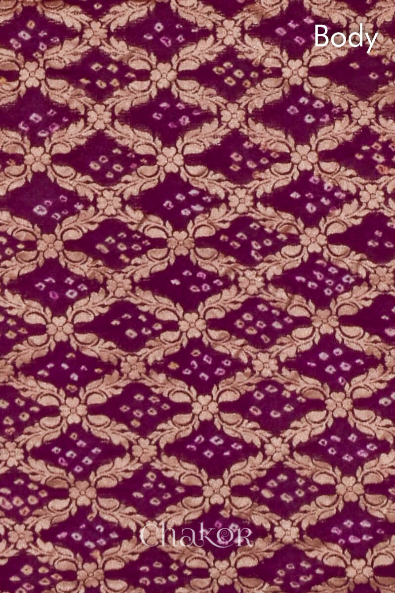 Close up of Handcrafted Purple Bandhani Banarasi Georgette Saree in pure silk featuring zari weaving and Kutch Bandhej for weddings and occasions.