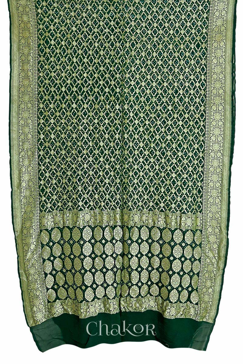 Full view of Handcrafted Green Bandhani Banarasi Georgette Saree in pure silk featuring zari weaving and Kutch Bandhej for weddings and occasions.