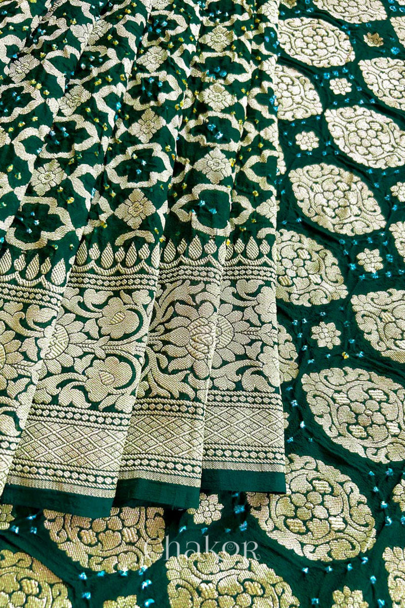 Chakor's Green handloom banarasi bandhani saree close-up