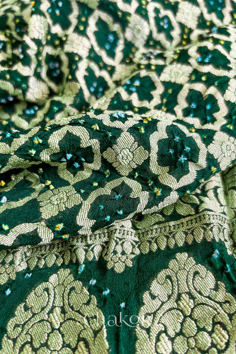 Close up of Handcrafted Green Bandhani Banarasi Georgette Saree in pure silk featuring zari weaving and Kutch Bandhej for weddings and occasions.