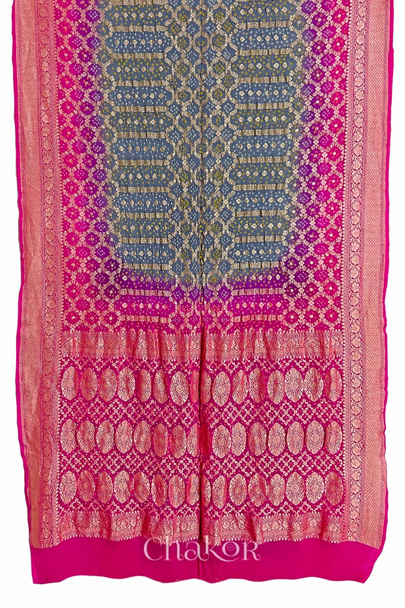 Full view of Handcrafted Pink and grey ombre shaded Bandhani Banarasi Georgette Silk Saree featuring zari weaving and Kutch Bandhej.