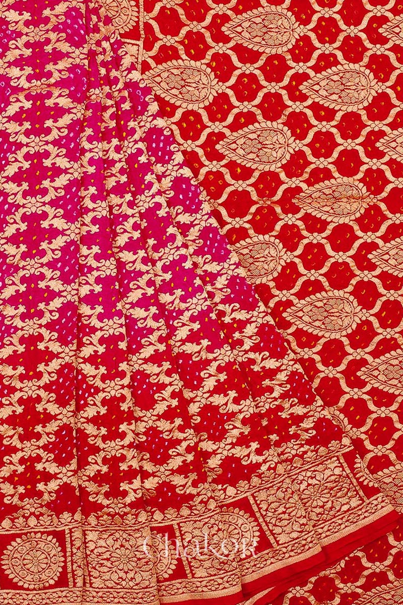 Close up of blouse of f Handcrafted Pink Red ombre shaded Bandhani Banarasi Georgette Saree in pure silk featuring zari weaving and Kutch Bandhej for weddings and occasions.