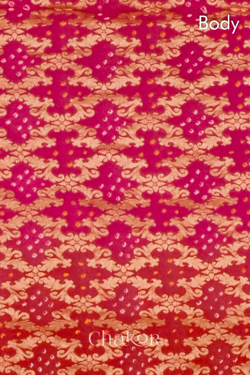 Close up of blouse of f Handcrafted Pink Red ombre shaded Bandhani Banarasi Georgette Saree in pure silk featuring zari weaving and Kutch Bandhej for weddings and occasions.