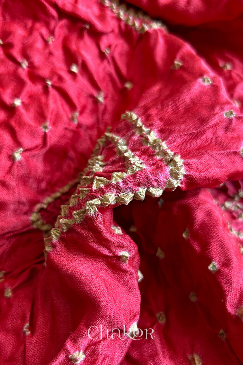 Close up of Coral Pink Bandhani Saree with Black Ajrakh printed border and pallu in pure gaji silk with traditional bandhej tie-dye, handcrafted in Kutch. 