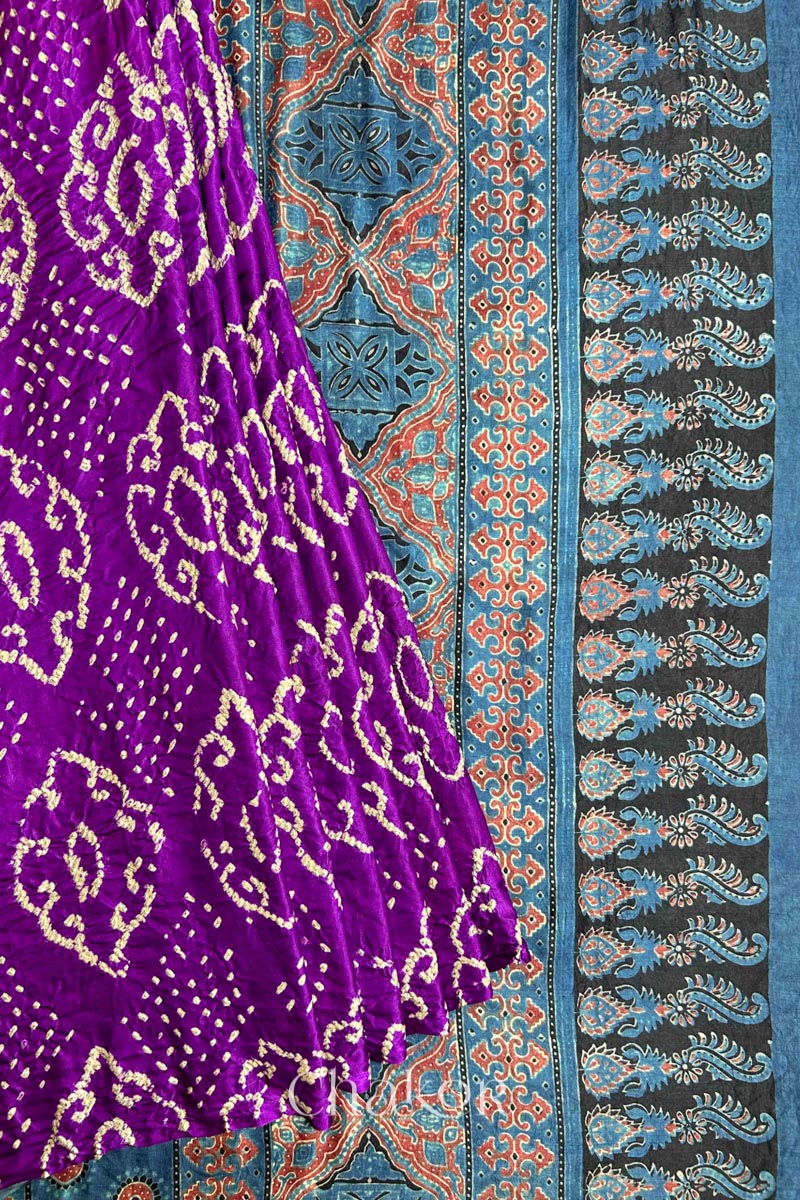 Close up of  Purple Bandhani Saree with Indigo Ajrakh printed pallu in pure gaji silk with traditional bandhej tie-dye, handcrafted in Kutch. 