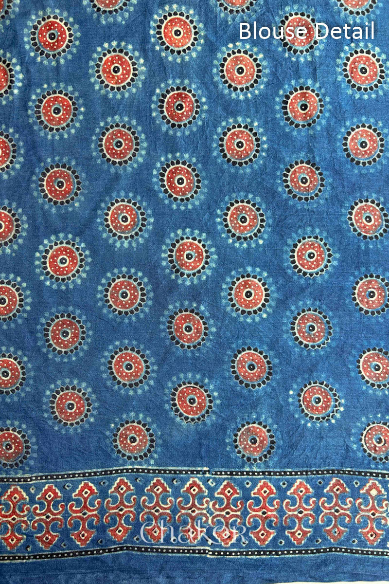 Blouse material of  Purple Bandhani Saree with Indigo Ajrakh printed pallu in pure gaji silk with traditional bandhej tie-dye, handcrafted in Kutch. 