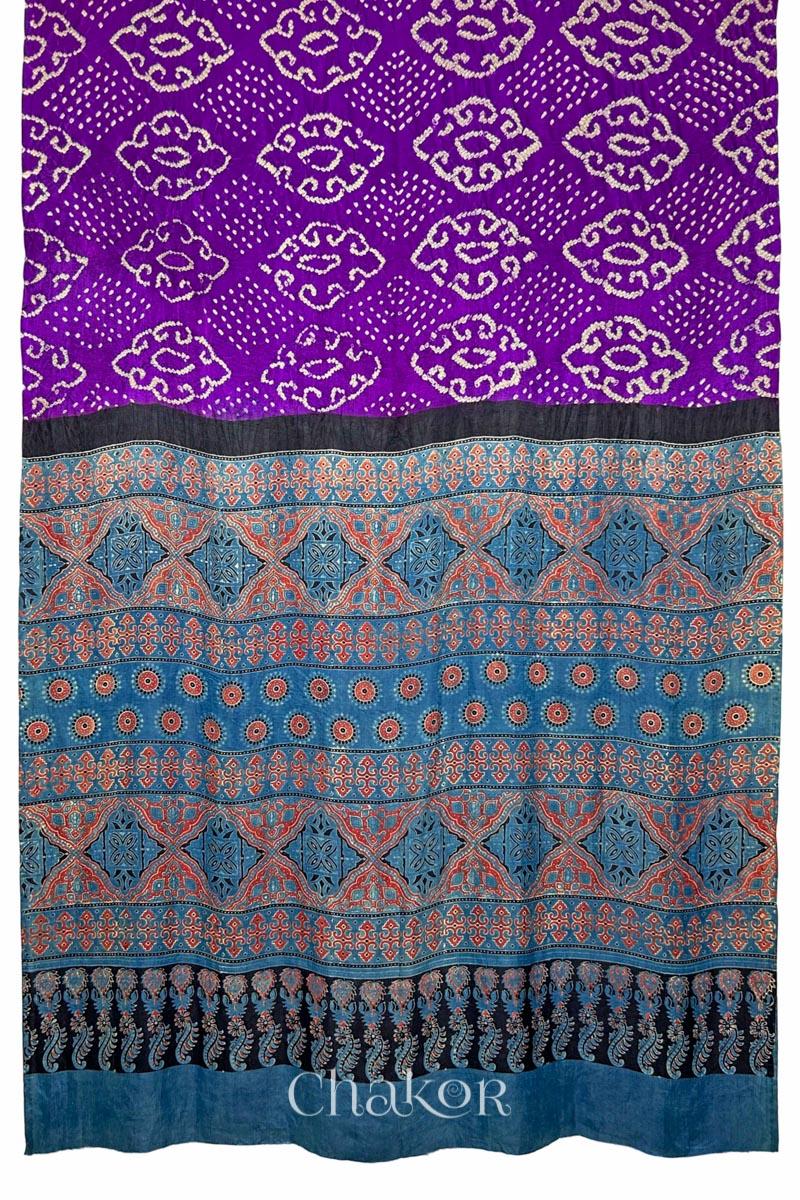 Full view of  Purple Bandhani Saree with Indigo Ajrakh printed pallu in pure gaji silk with traditional bandhej tie-dye, handcrafted in Kutch. 