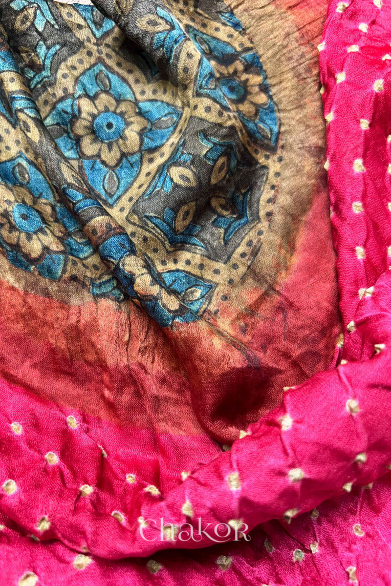 Coral Pink Ochre Bandhani Ajrakh Gaji Silk Dupatta in Traditional Design for Women's ethnicwear online by Chakor.