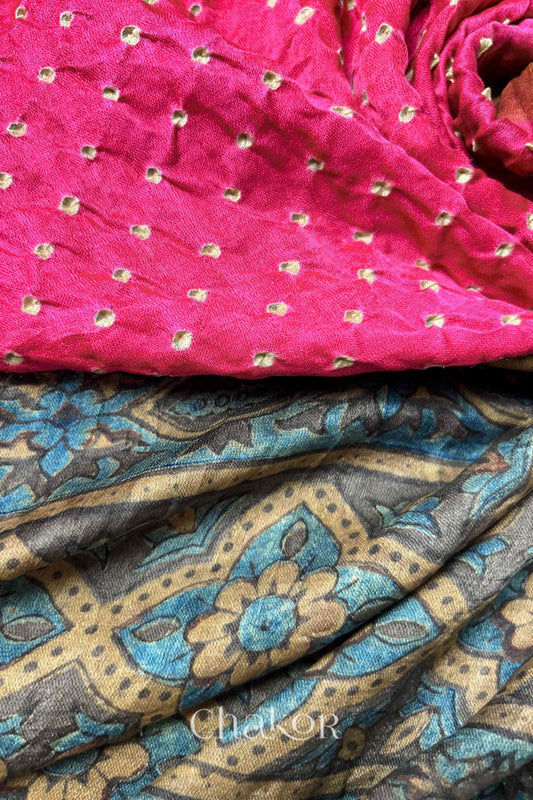 Coral Pink Ochre Bandhani Ajrakh Gaji Silk Dupatta in Traditional Design for Women's ethnicwear online by Chakor.