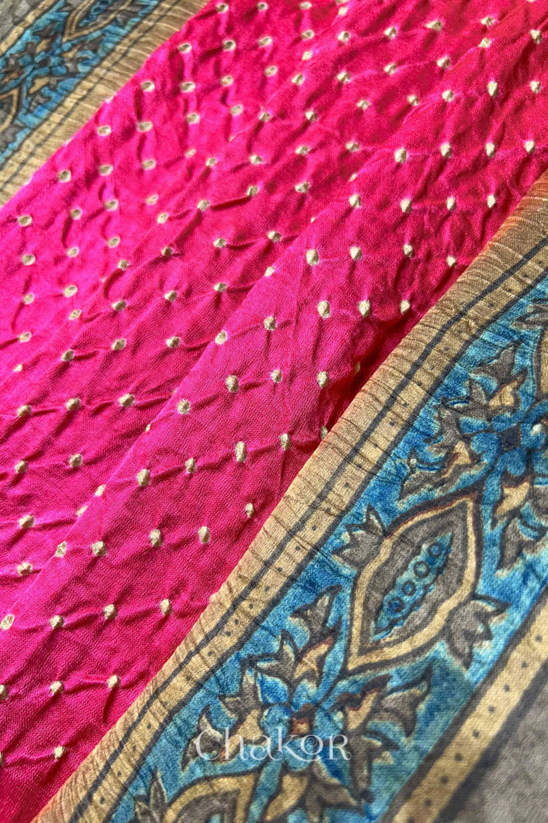 Coral Pink Ochre Bandhani Ajrakh Gaji Silk Dupatta in Traditional Design for Women's ethnicwear online by Chakor.