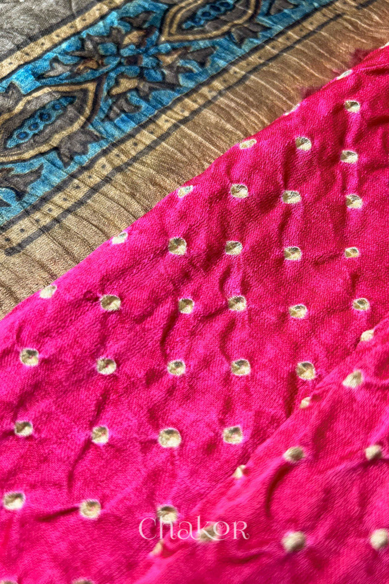 Coral Pink Ochre Bandhani Ajrakh Gaji Silk Dupatta in Traditional Design for Women's ethnicwear online by Chakor.