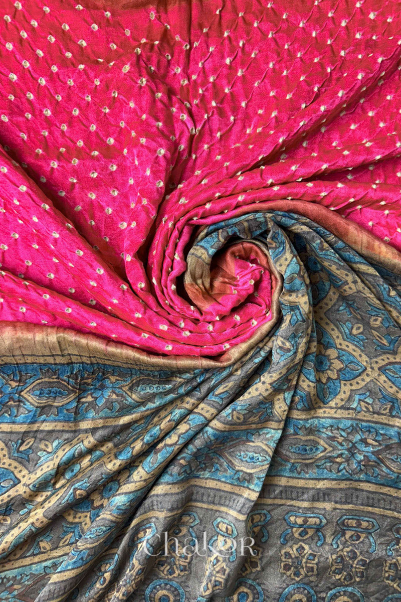 Coral Pink Ochre Bandhani Ajrakh Gaji Silk Dupatta in Traditional Design for Women's ethnicwear online by Chakor.