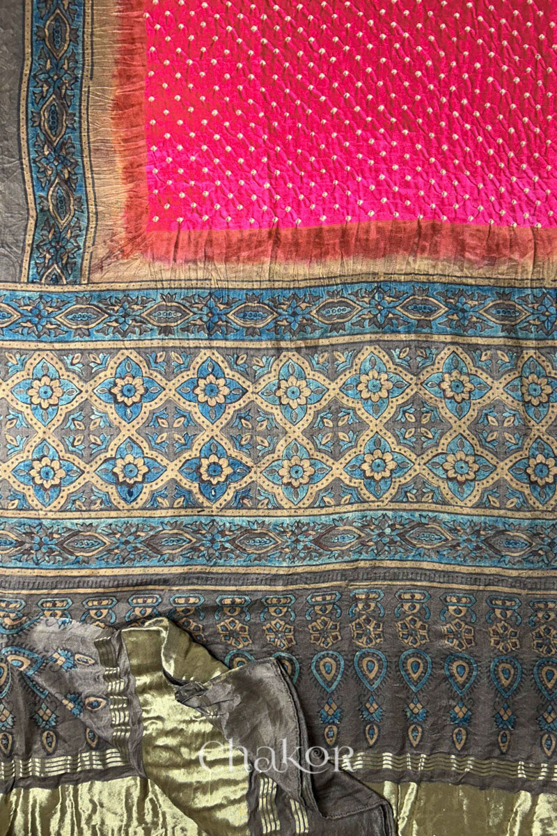 Coral Pink Ochre Bandhani Ajrakh Gaji Silk Dupatta in Traditional Design for Women's ethnicwear online by Chakor.