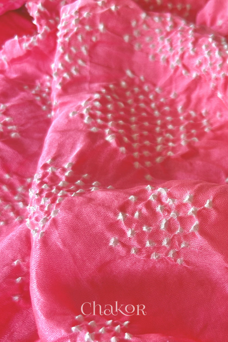 Close up of Handcrafted Coral Pink Bandhani Gaji Silk Saree with rai bandhej patterns and tissue pallu.