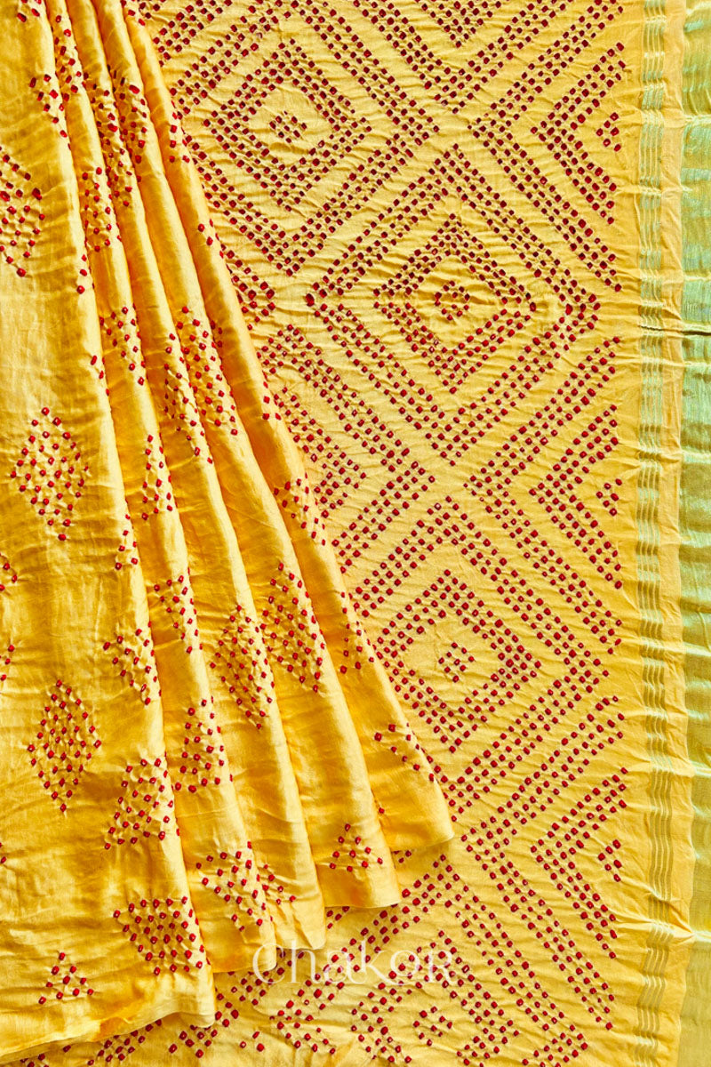 Chakor Yellow Red Traditional Bandhani Gaji Silk  Saree.