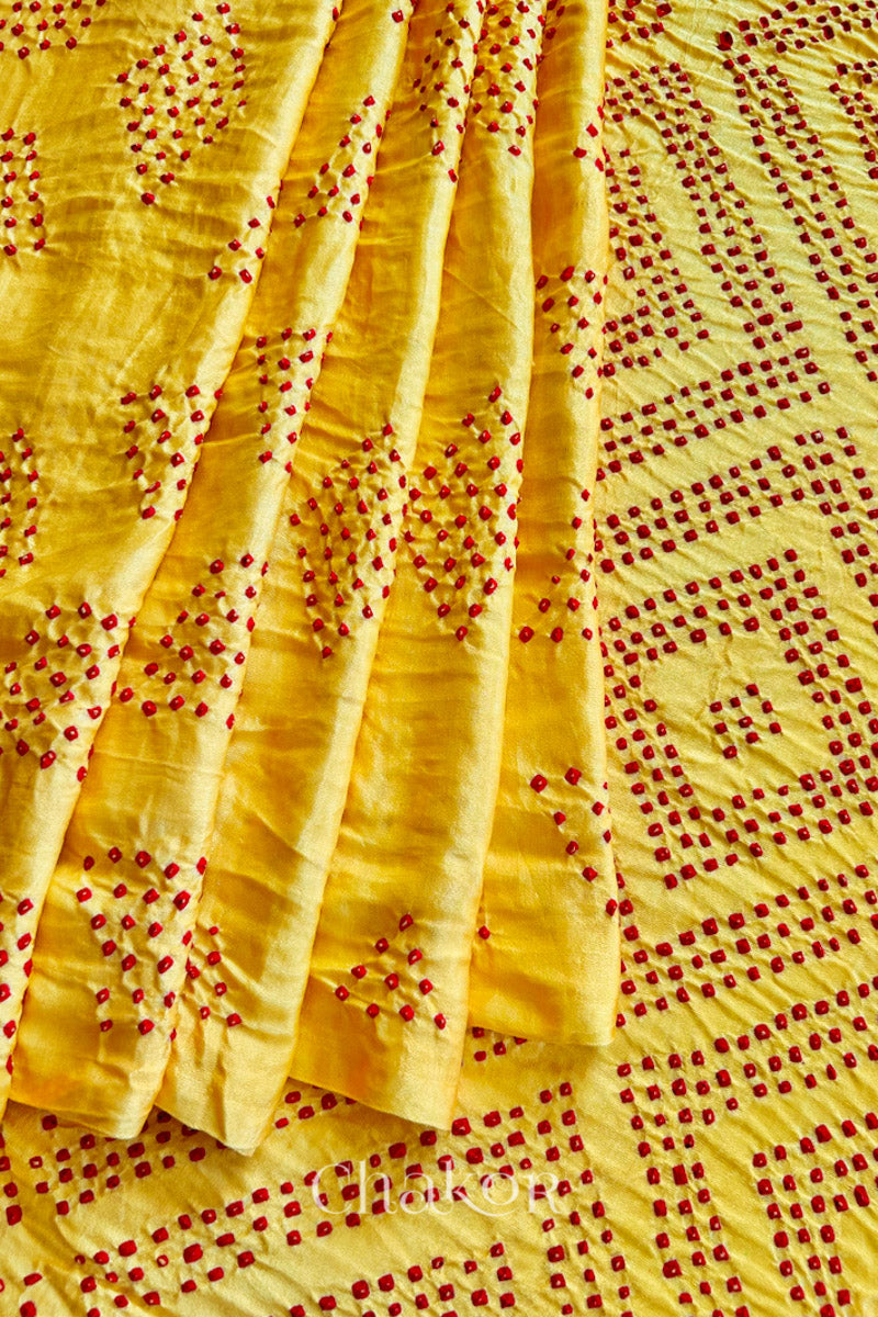 Chakor Yellow Red Traditional Bandhani Gaji Silk  Saree.