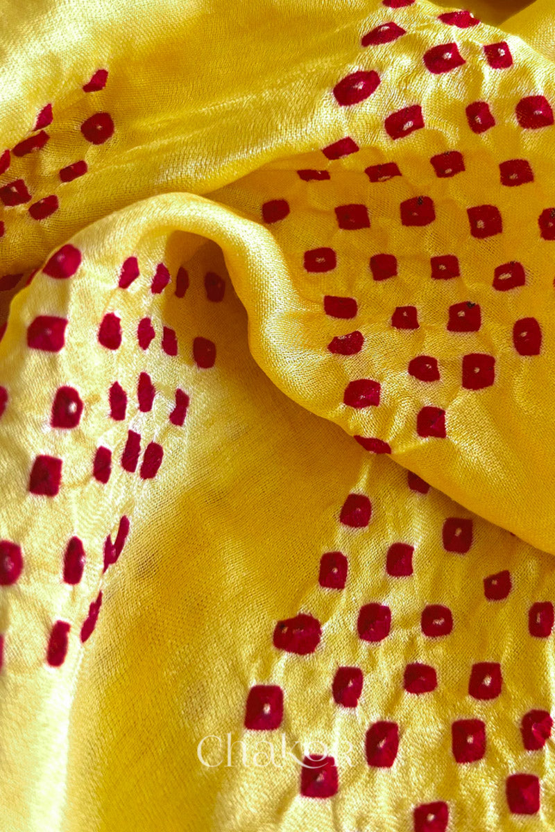 Chakor Yellow Red Traditional Bandhani Gaji Silk  Saree.