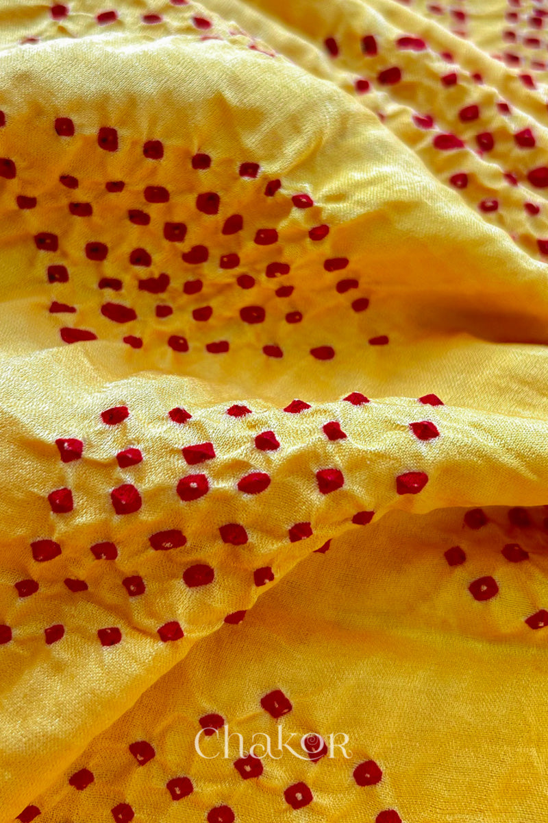 Chakor Yellow Red Traditional Bandhani Gaji Silk  Saree.